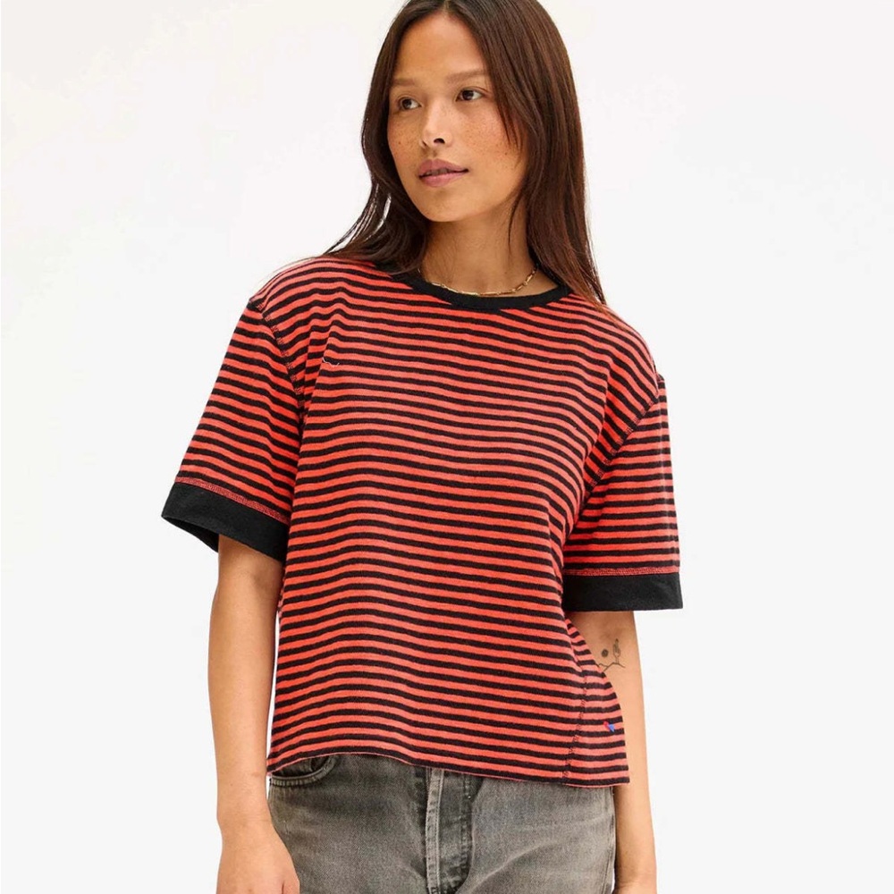 Clare V Coral and Black Striped Short Sleeve Tee